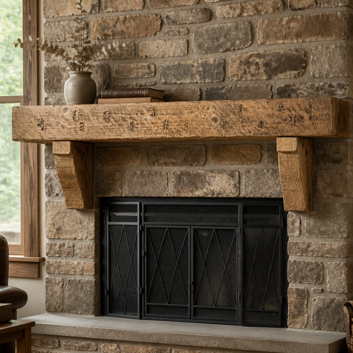 Rustic wood hand hewn barn beam mantel custom made with a reclaimed aged distressed antique look
