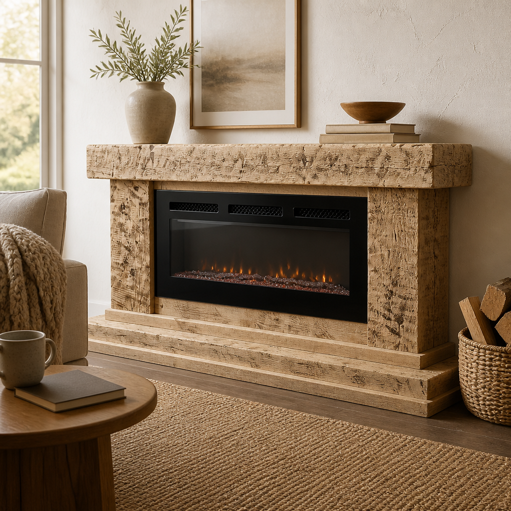 Rustic Wood freestanding fireplace to hold an LED electric fake fireplace