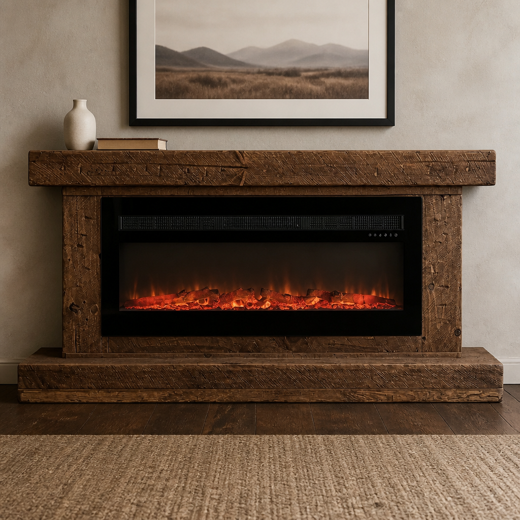 Rustic Wood Stand With Electric LED Fireplace With Heat