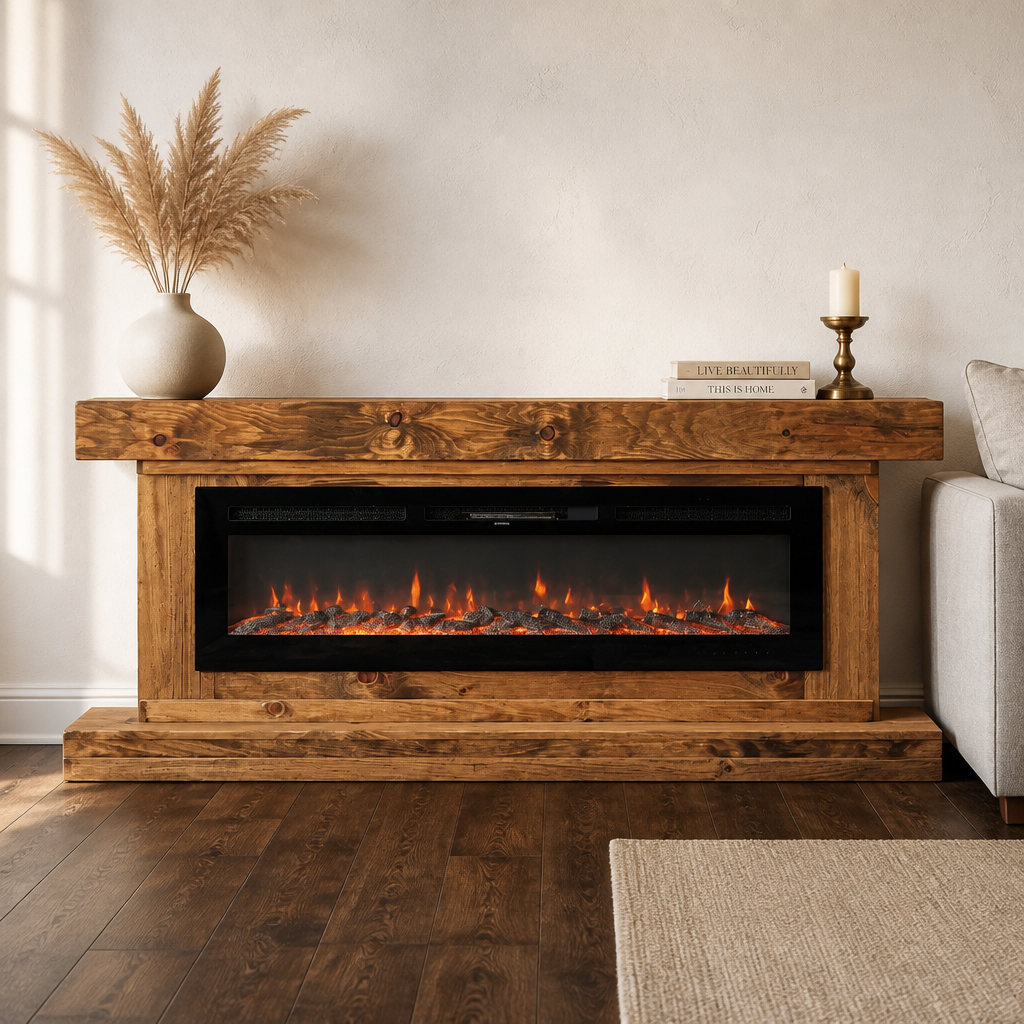 Rustic Wood freestanding fireplace to hold an LED electric fake fireplace