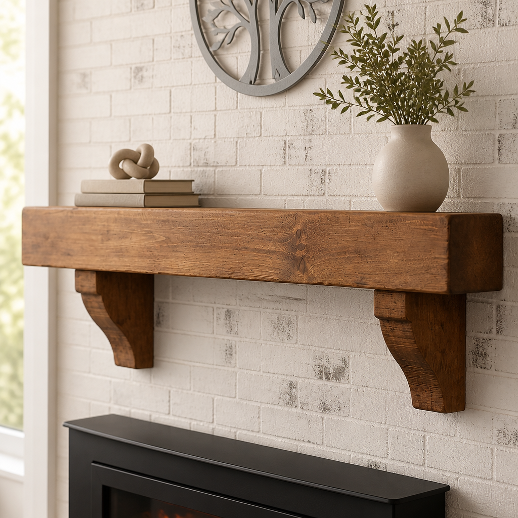 Rustic wood hand hewn barn beam mantel custom made with a reclaimed aged distressed antique look