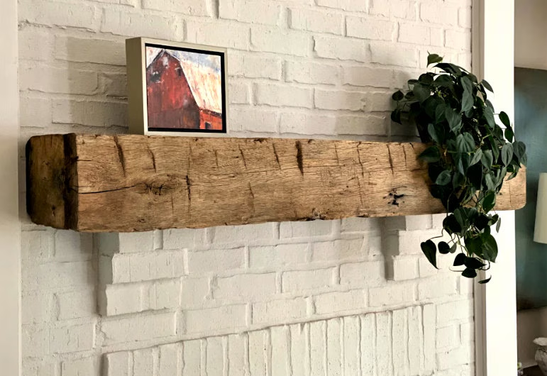 Rustic wood hand hewn barn beam mantel custom made with a reclaimed aged distressed antique look