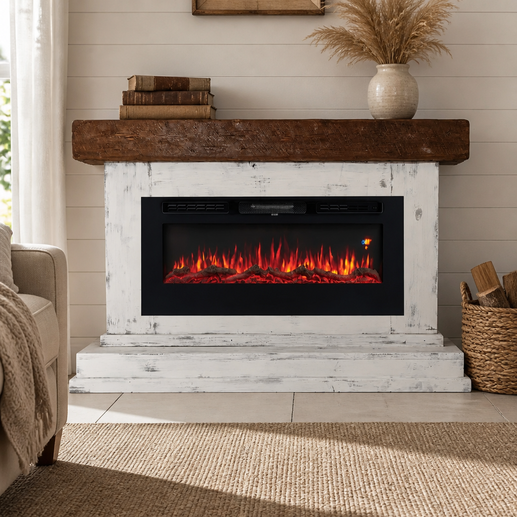 Rustic Wood freestanding fireplace to hold an LED electric fake fireplace