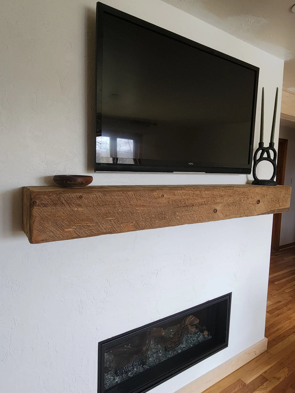 Rustic wood hand hewn barn beam mantel custom made with a reclaimed aged distressed antique look