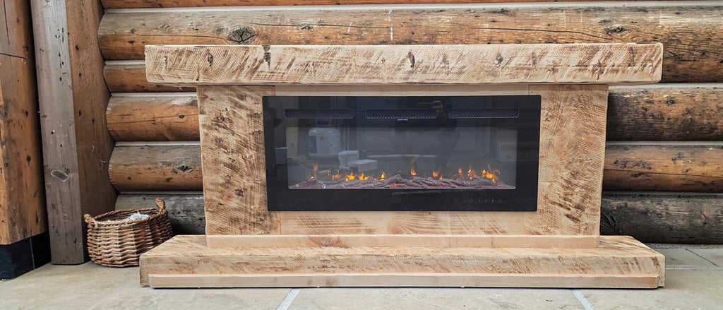 Rustic hand hewn wood freestanding fireplace to hold an LED electric fake fireplace